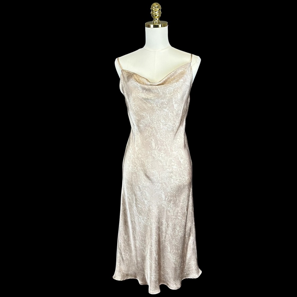 Y2K Champagne Snakeskin Satin Cowl‎ Neck Midi Slip Dress Womens Medium Friends
